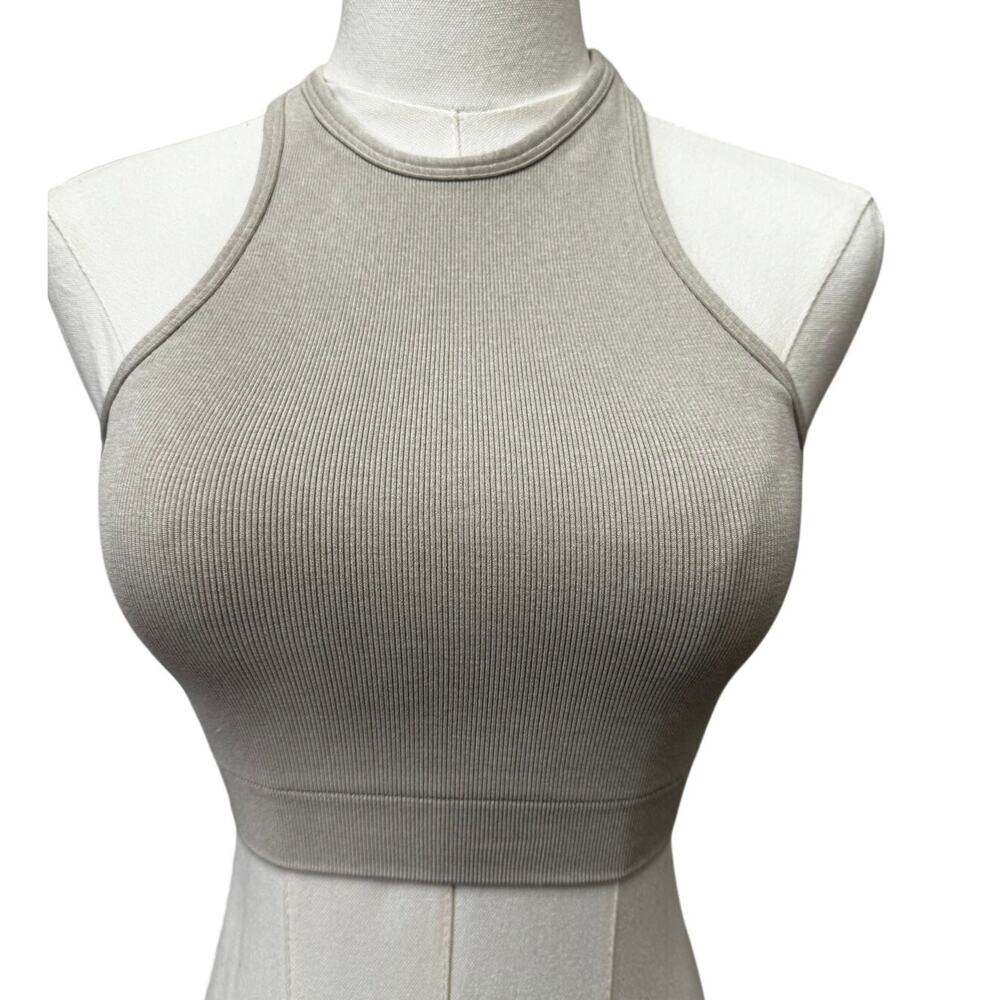 New NUX Women's Beige Ribbed Stretch Active Racerback Crop Tank Top Size S